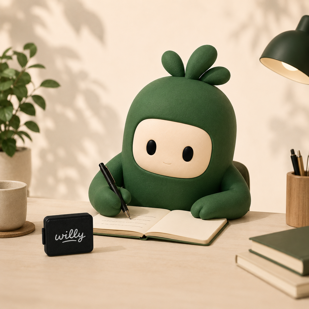 Willy mascot writing at a desk with the Willy device