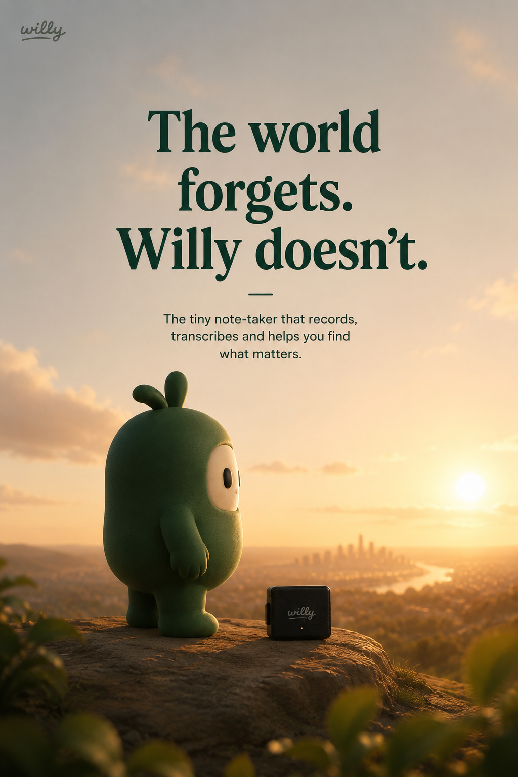 Willy mascot and device on a hilltop at sunset