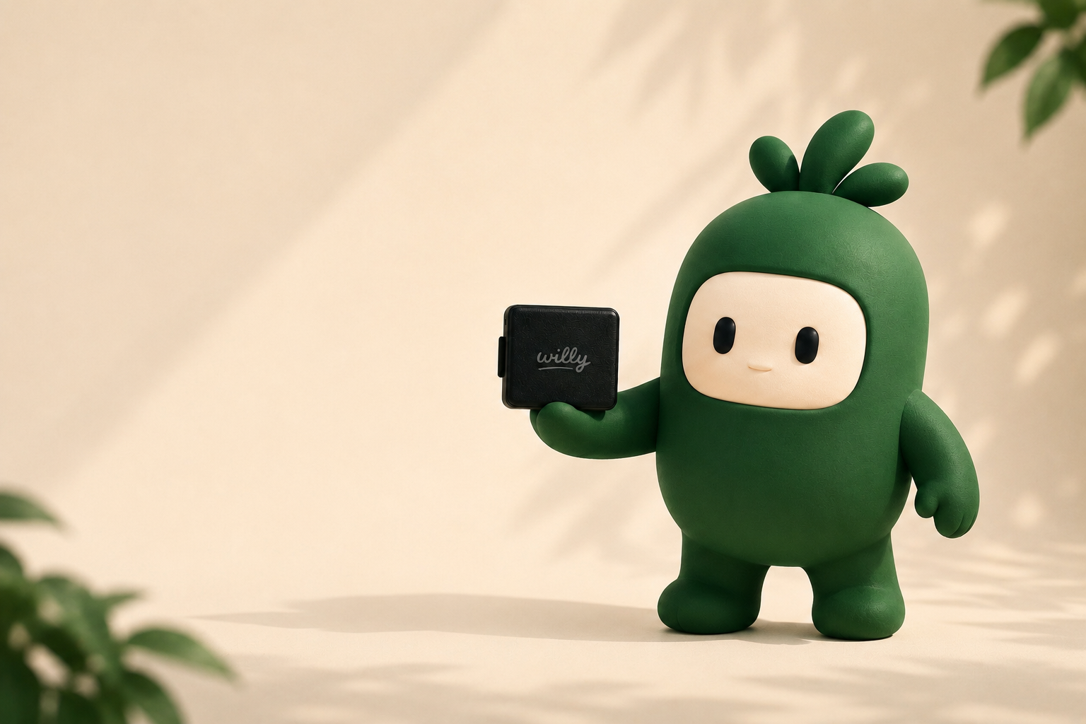 Willy mascot holding the Willy wearable device