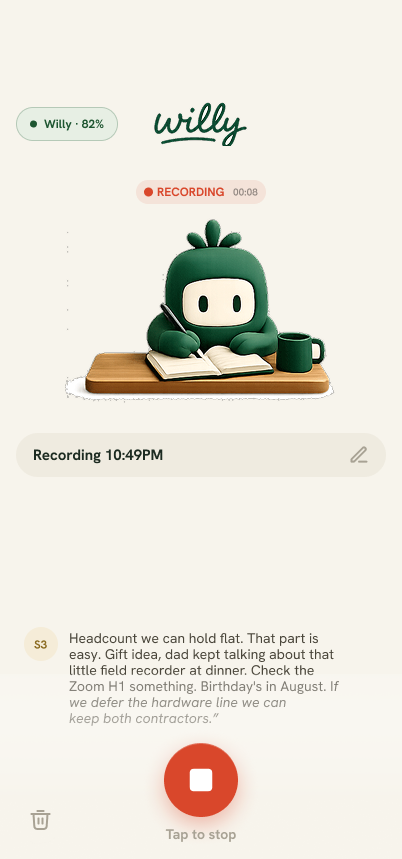 Willy app live recording screen